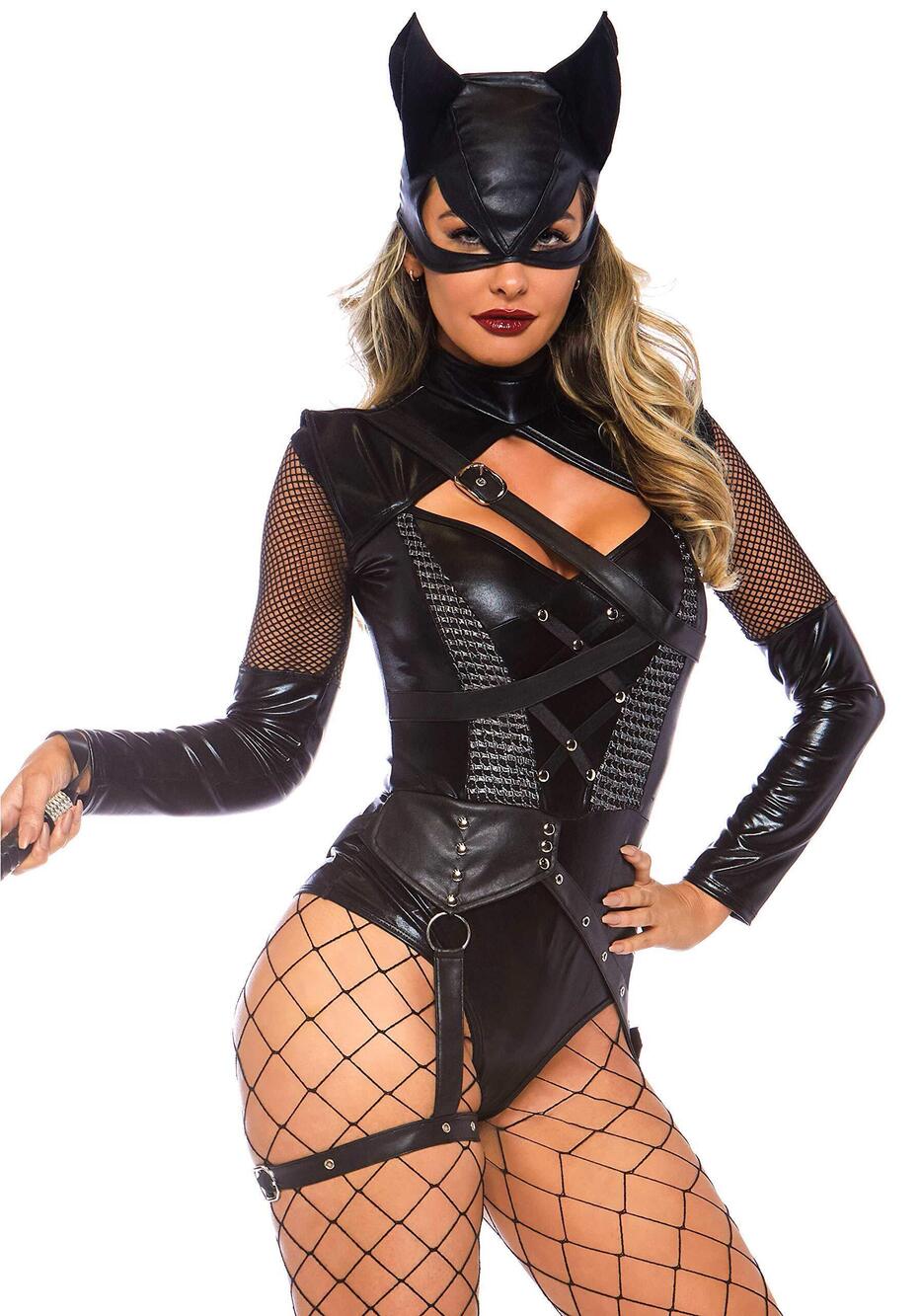 1090 2 Pc Villainess Vixen Bodysuit Costume with Attached Garter, Hooded